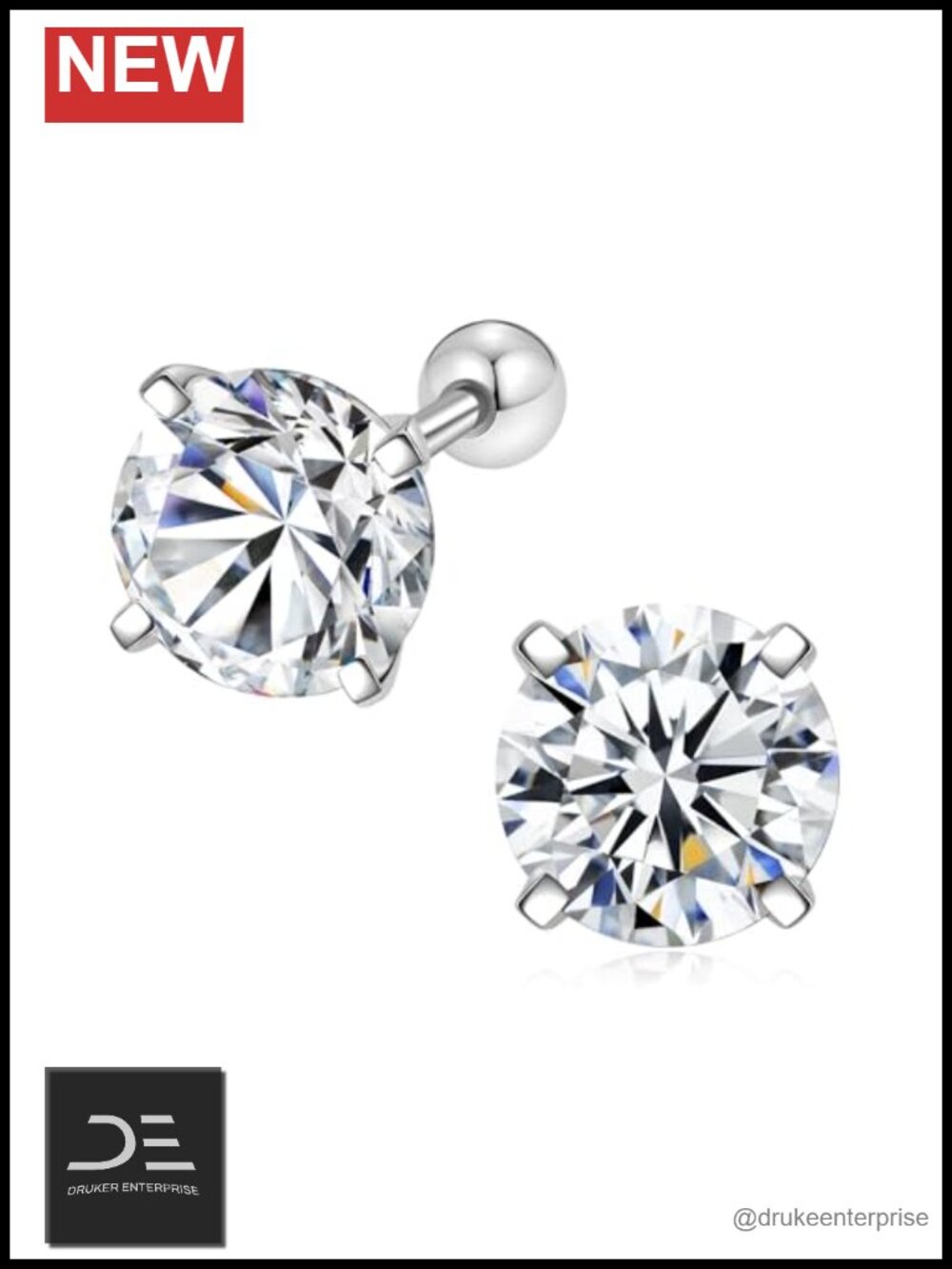 Moissanite Screw Back Stud Earrings Sterling Silver Rhodium Plated